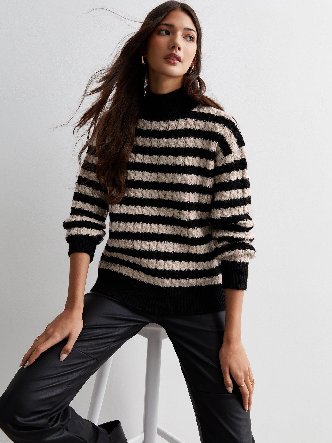 New Look Black Stripe Cable Knit High Neck Jumper littlewoods