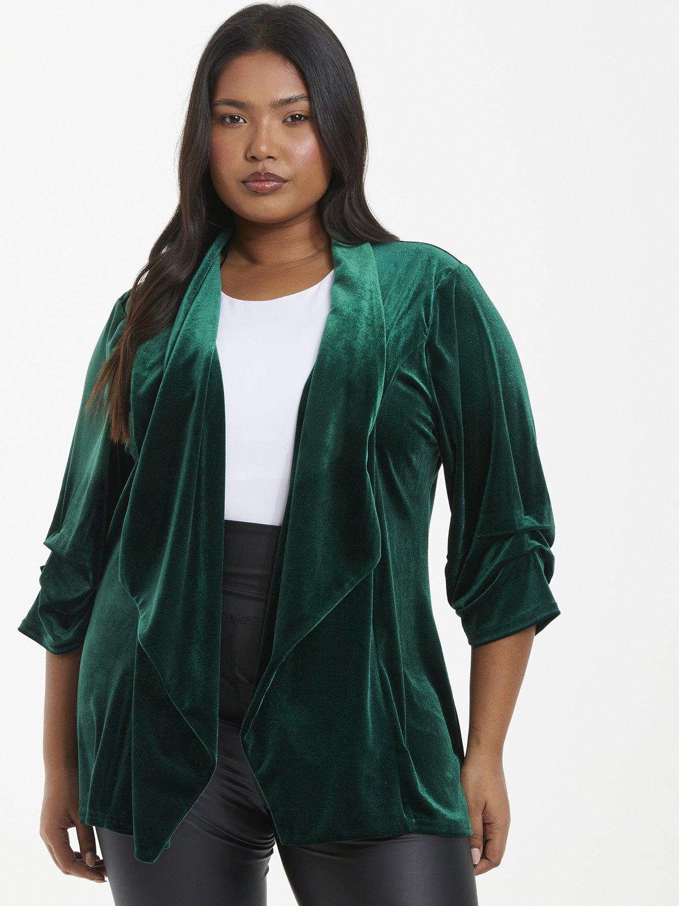  image of quiz-curve-curve-bottle-green-velvet-waterfall-blazer