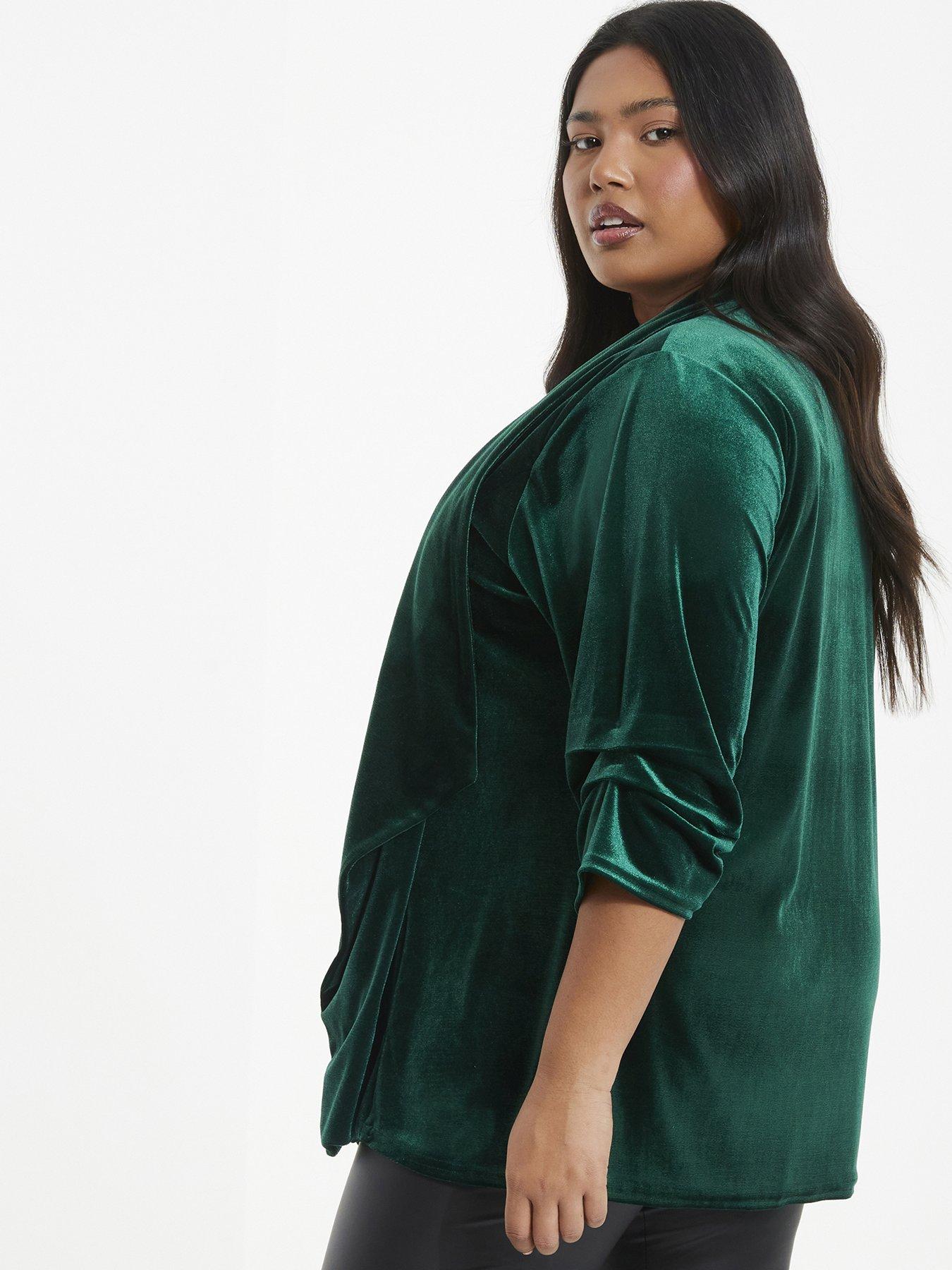  image of quiz-curve-curve-bottle-green-velvet-waterfall-blazer