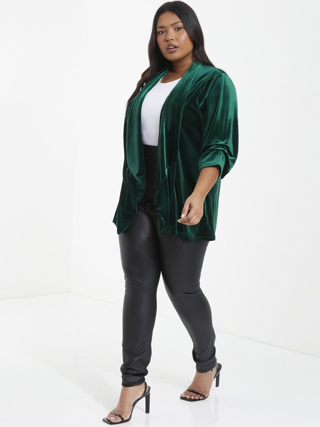  image of quiz-curve-curve-bottle-green-velvet-waterfall-blazer