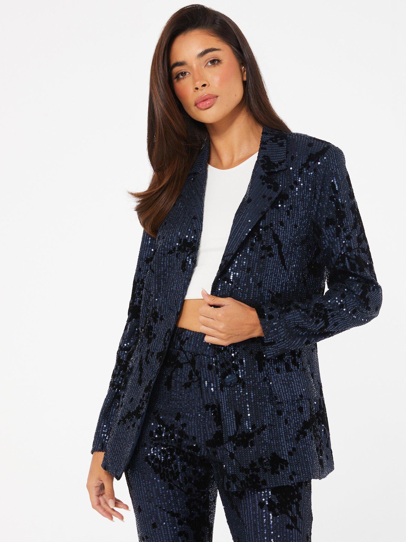 Quiz Navy Sequin Flocked Tailored Blazer littlewoods