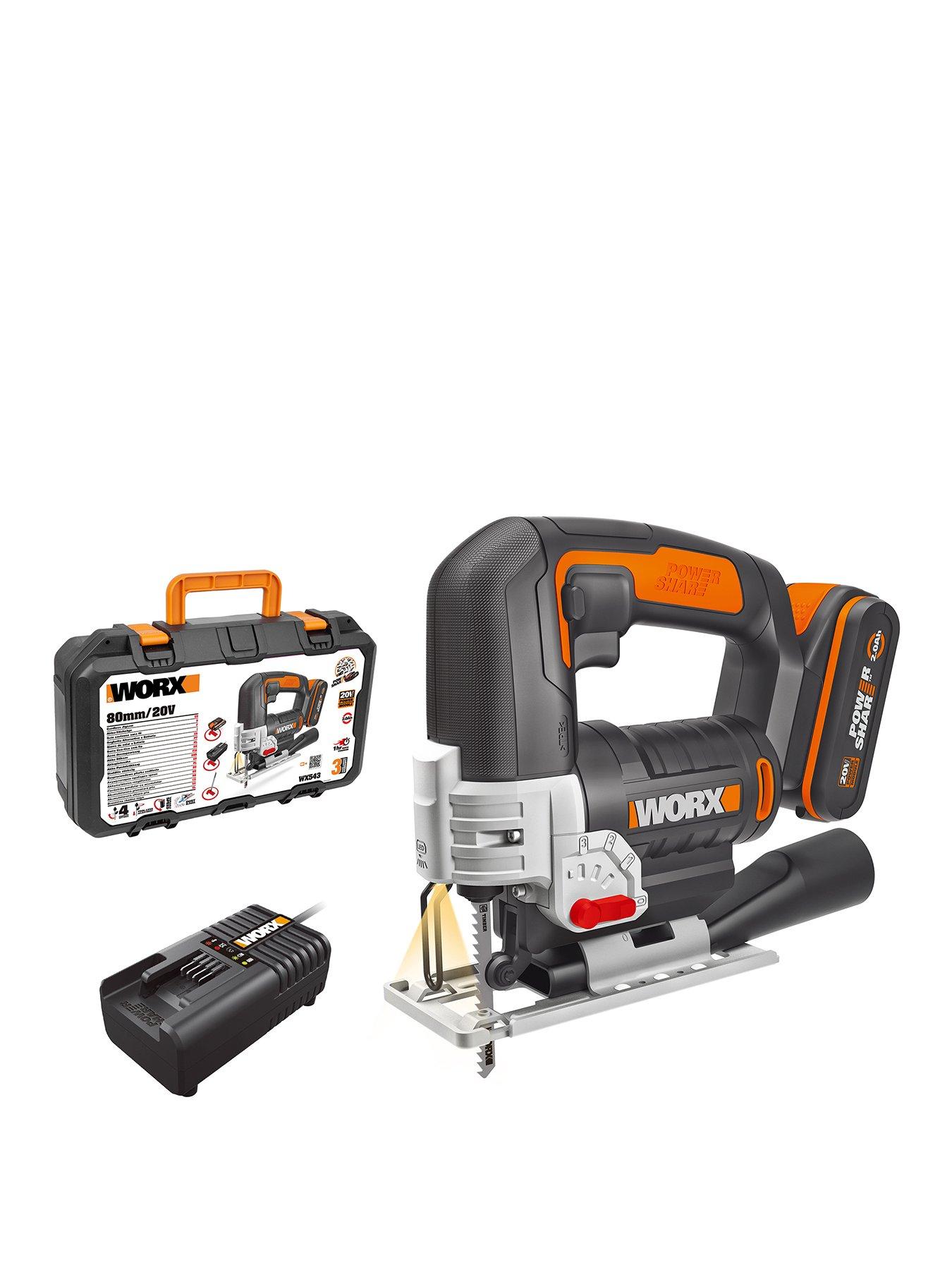Worx 20V PowerShare 24mm Cordless Jigsaw with x1 2.0Ah Battery, Charger  &  Case