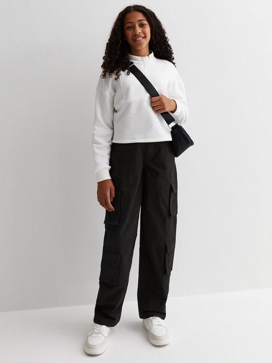 front image of new-look-915-girls-black-straight-leg-cargo-pocket-trousers