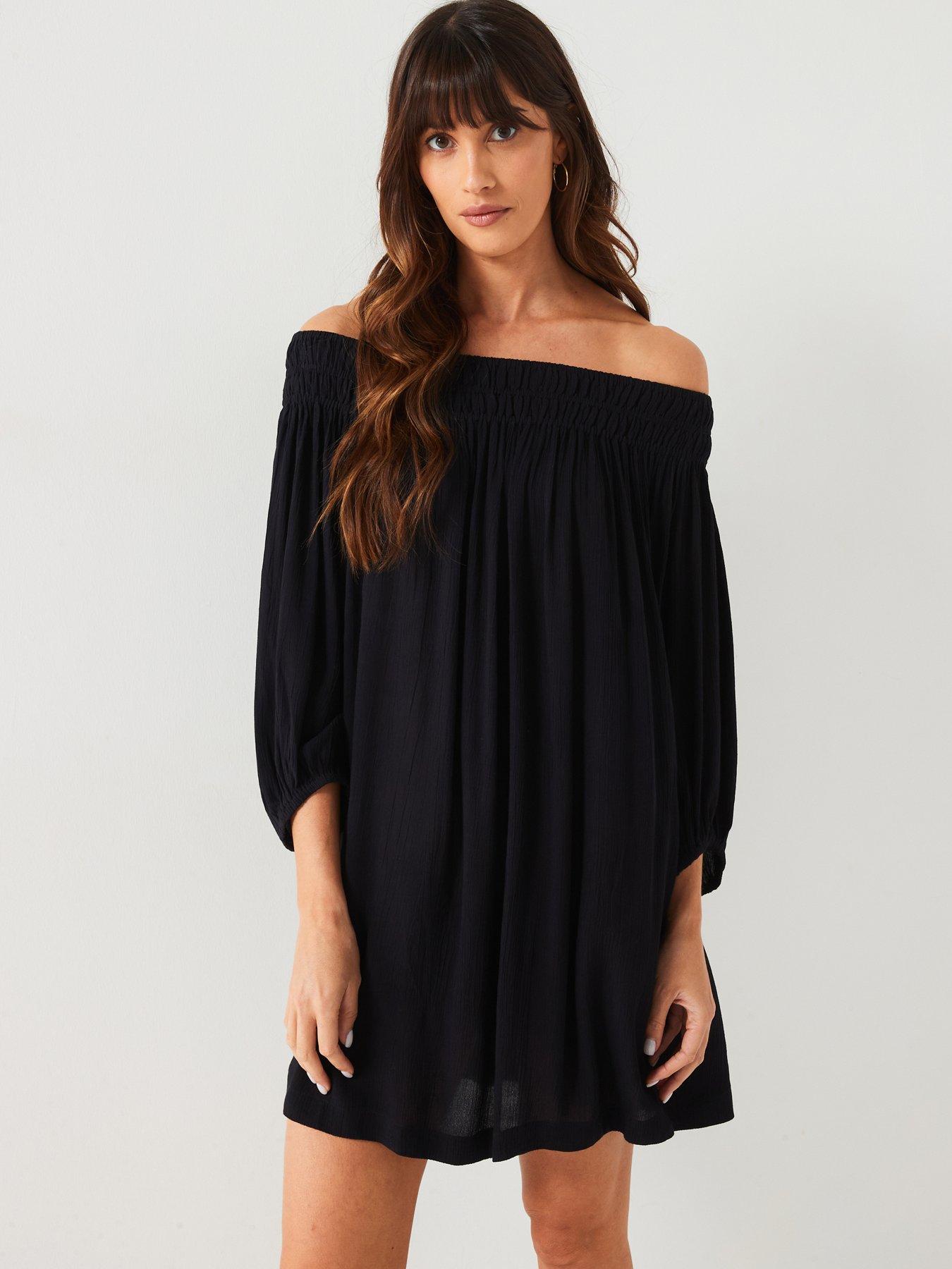 undefined Long Sleeve Crinkled Bardot Mini Dress - Black