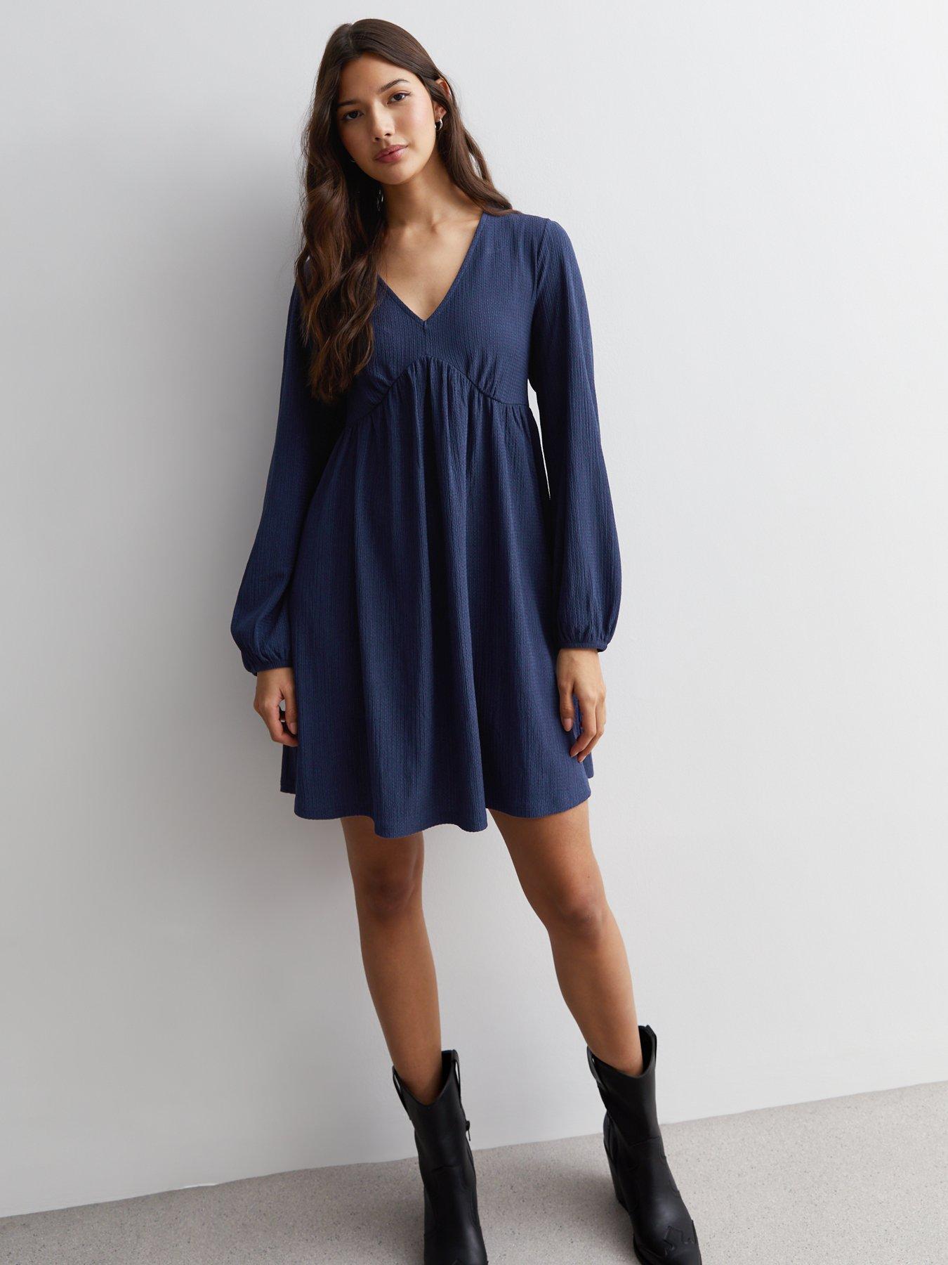 New Look Navy Textured Jersey Long Sleeve Mini Smock Dress