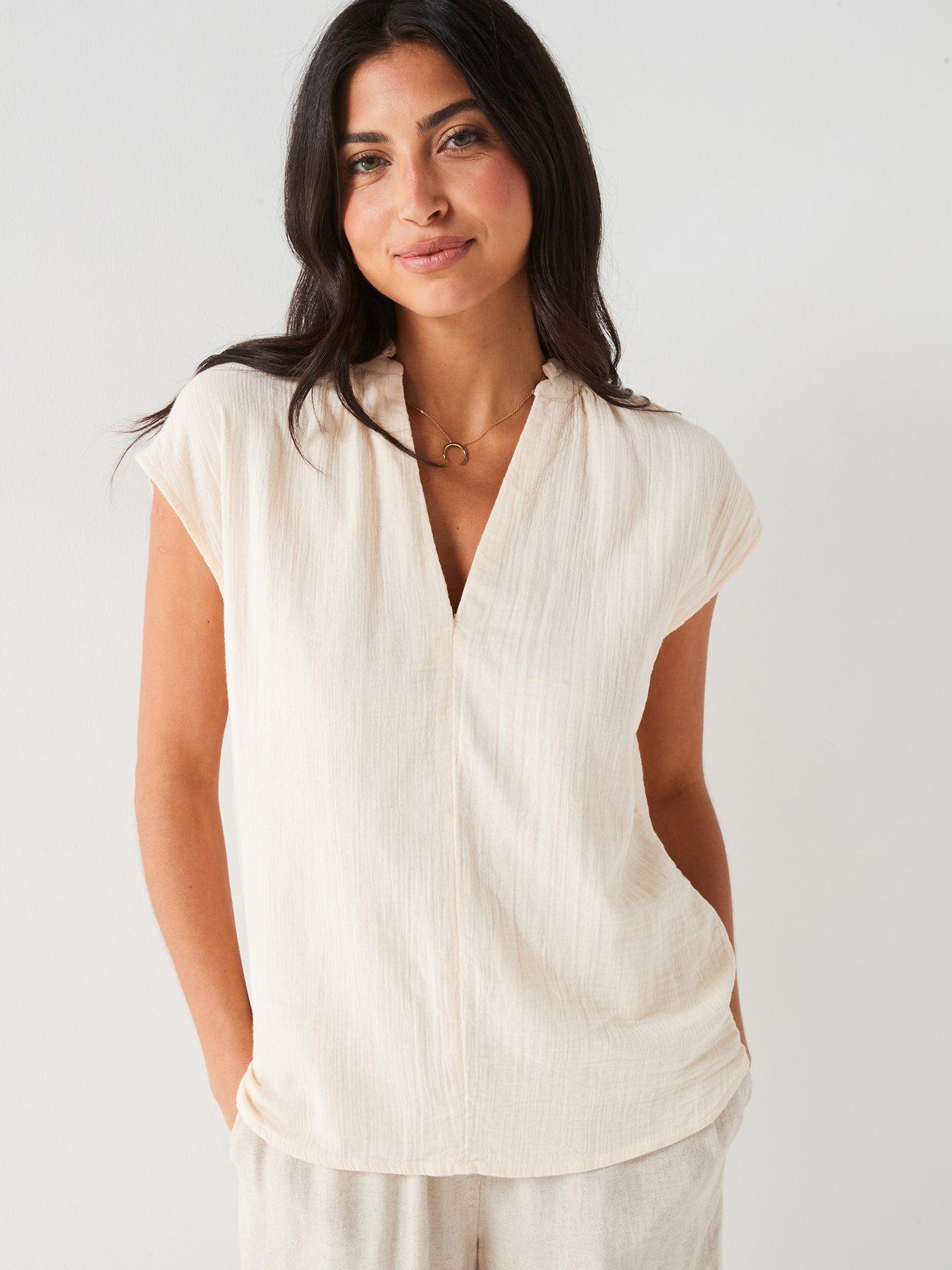 undefined Crinkle Notch Neck Longline Blouse - Cream