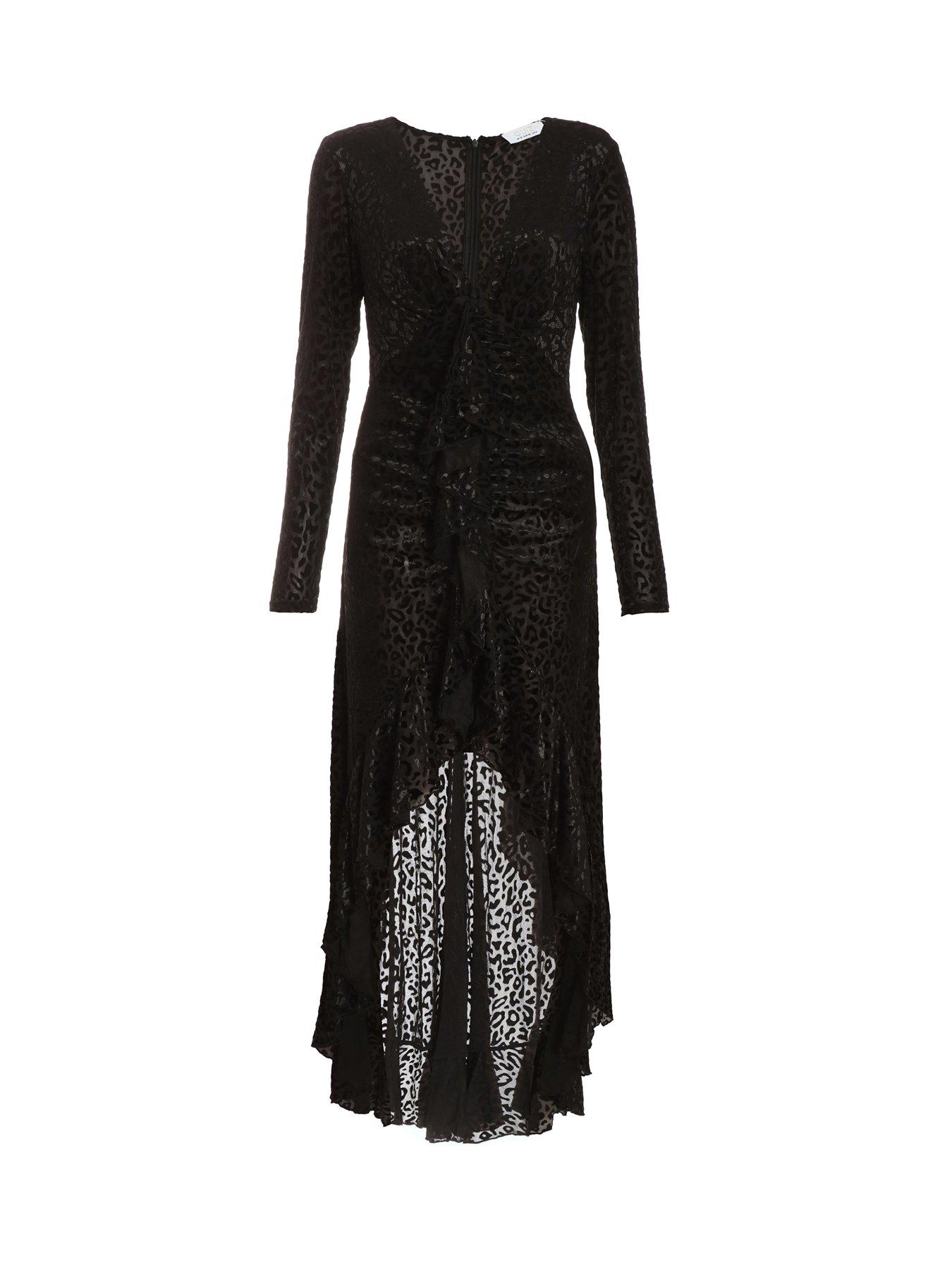 Quiz Black Velvet Animal Print Ruffle Maxi Dress | littlewoods.com