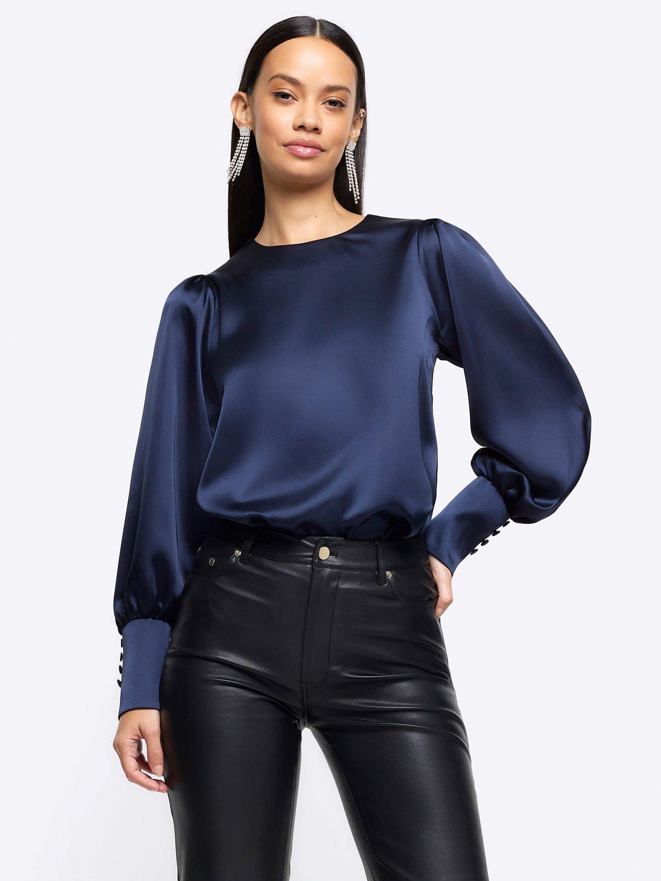River Island Satin Cuffed Blouse Navy littlewoods