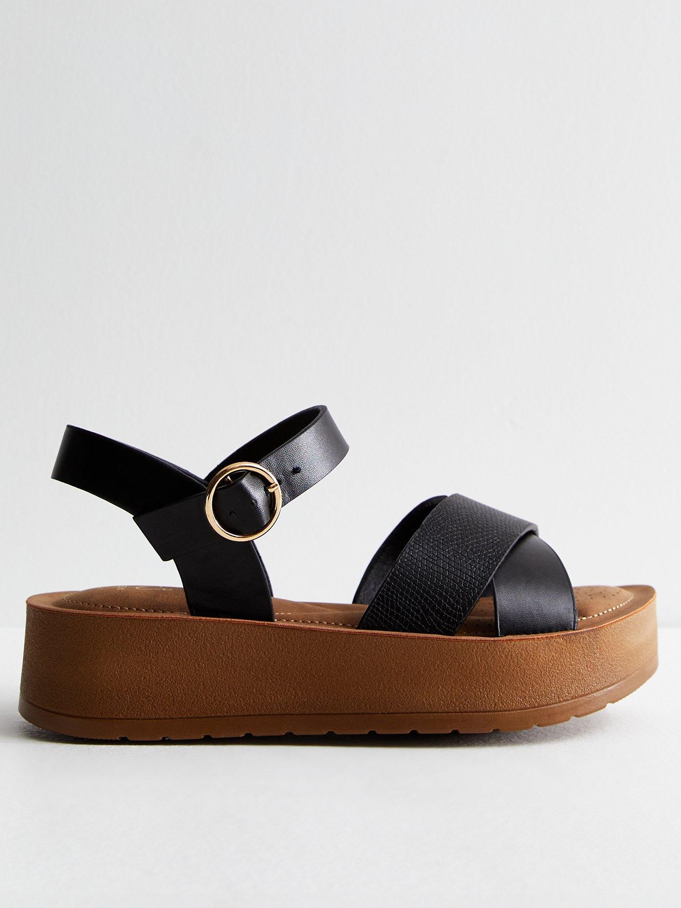 New Look Wide Fit Black Cross Strap Flatform Sandals | littlewoods.com
