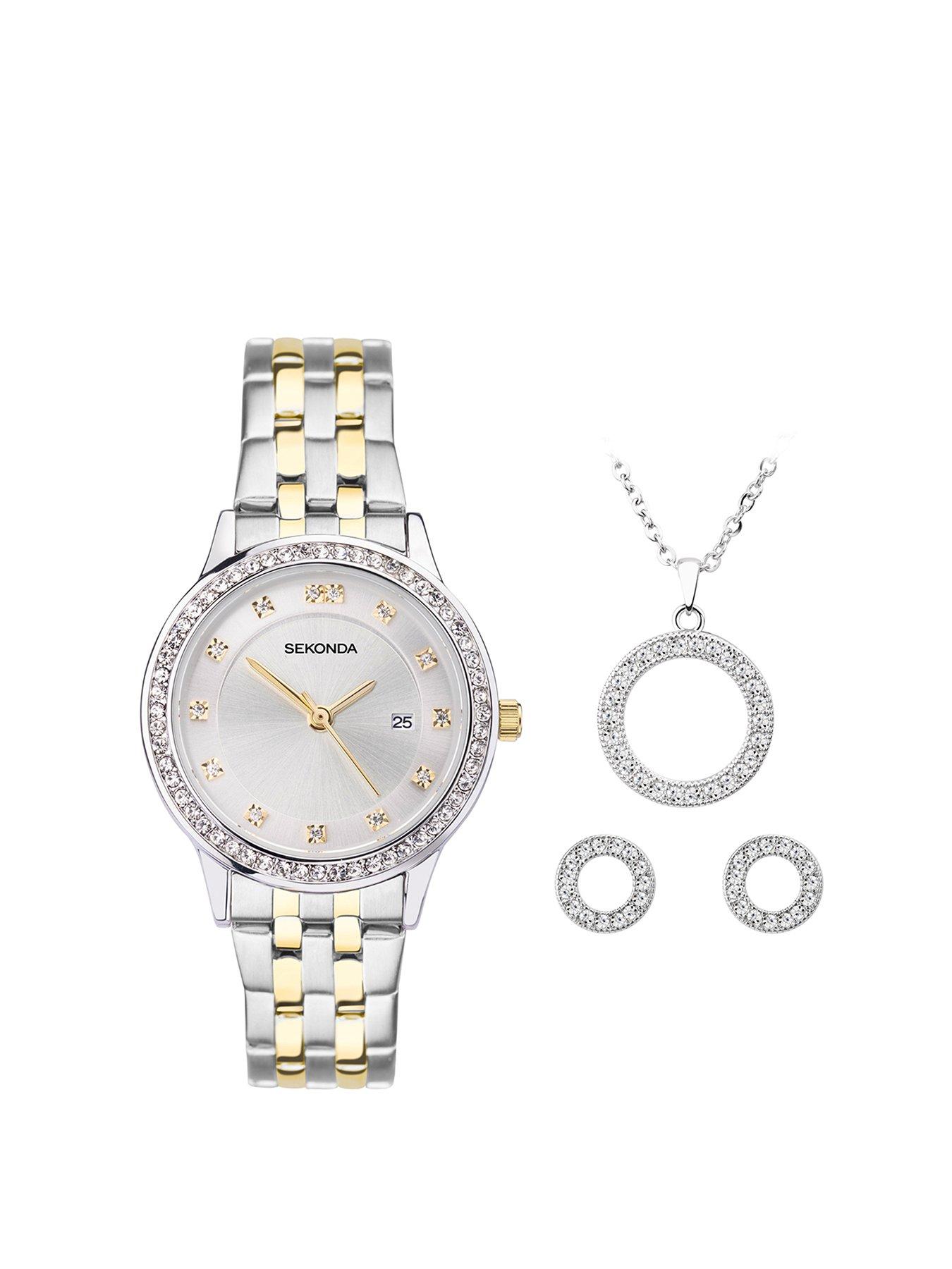 undefined Gift Set Womens 29mm Analogue Watch with Two Tone Stone Set Silver Dial, Two tone Stainless Steel Bracelet, Matching Pendant and Earrings