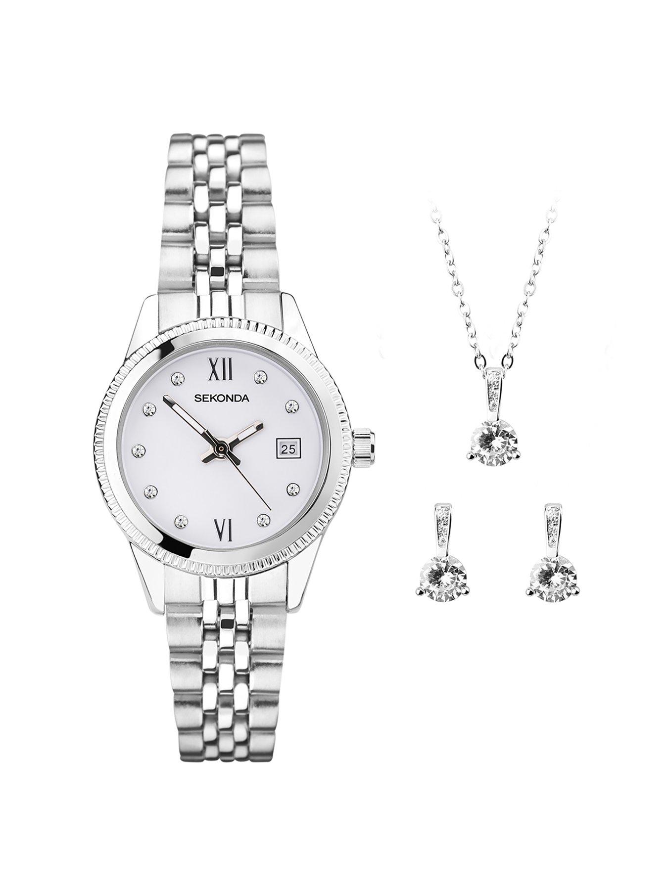 Sekonda Gift Set Womens 26mm Analogue Watch with Silver Stone Set White Dial, Silver Stainless Steel Bracelet Matching Stone Set Pendant and Earrings