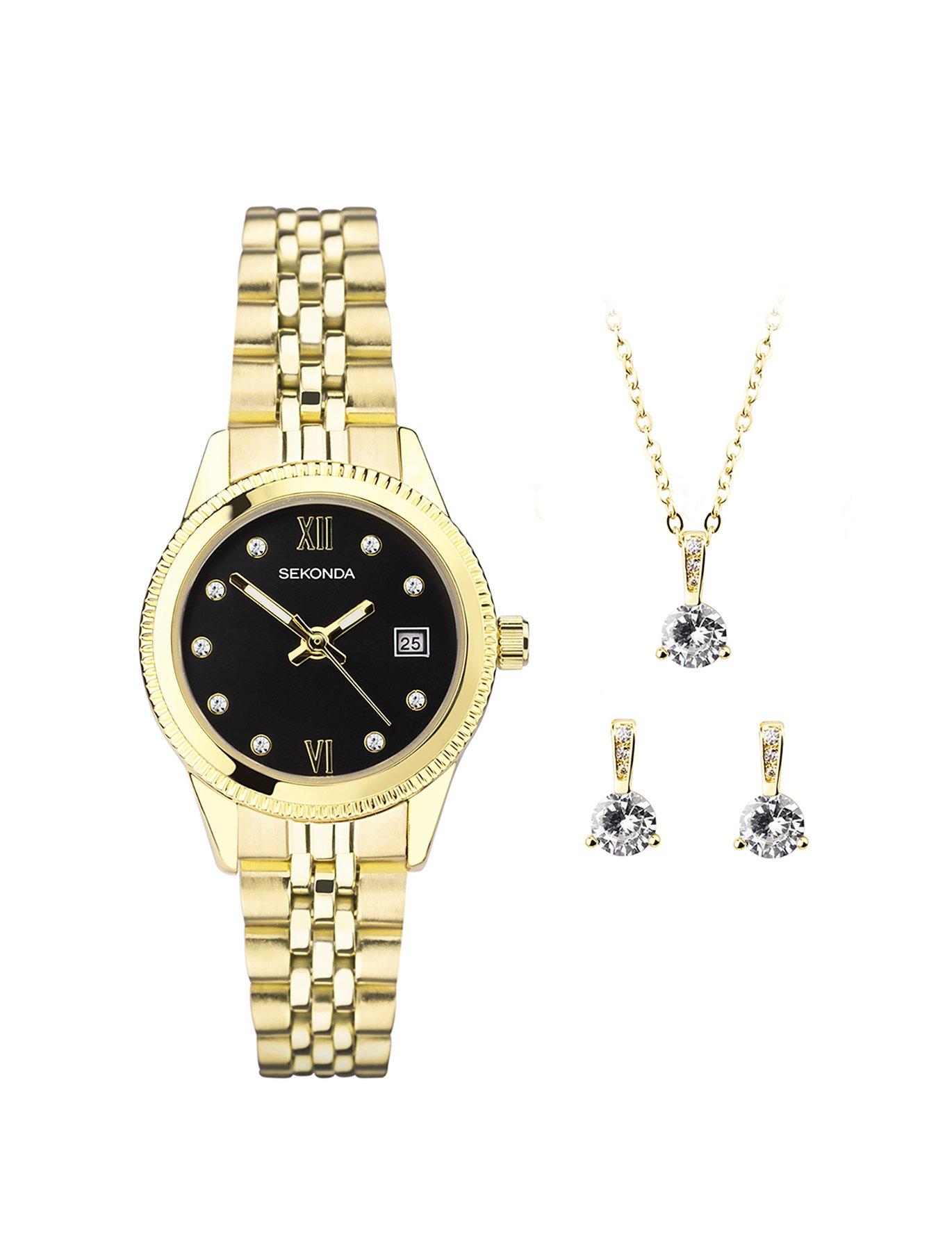 undefined Gift Set Womens 26mm Analogue Watch with Yellow Gold Stone Set Black Dial, Yellow Gold Stainless Steel Bracelet Matching Pendant and Earrings