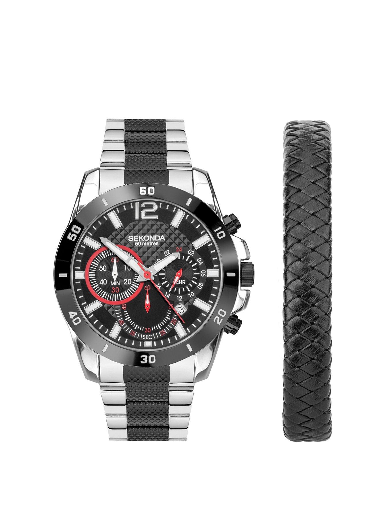 sekonda-sport-gift-set-mens-44mm-chronograph-watch-with-black-dial-two-tone-stainless-steel-bracelet-and-black-leather-braided-bracelet