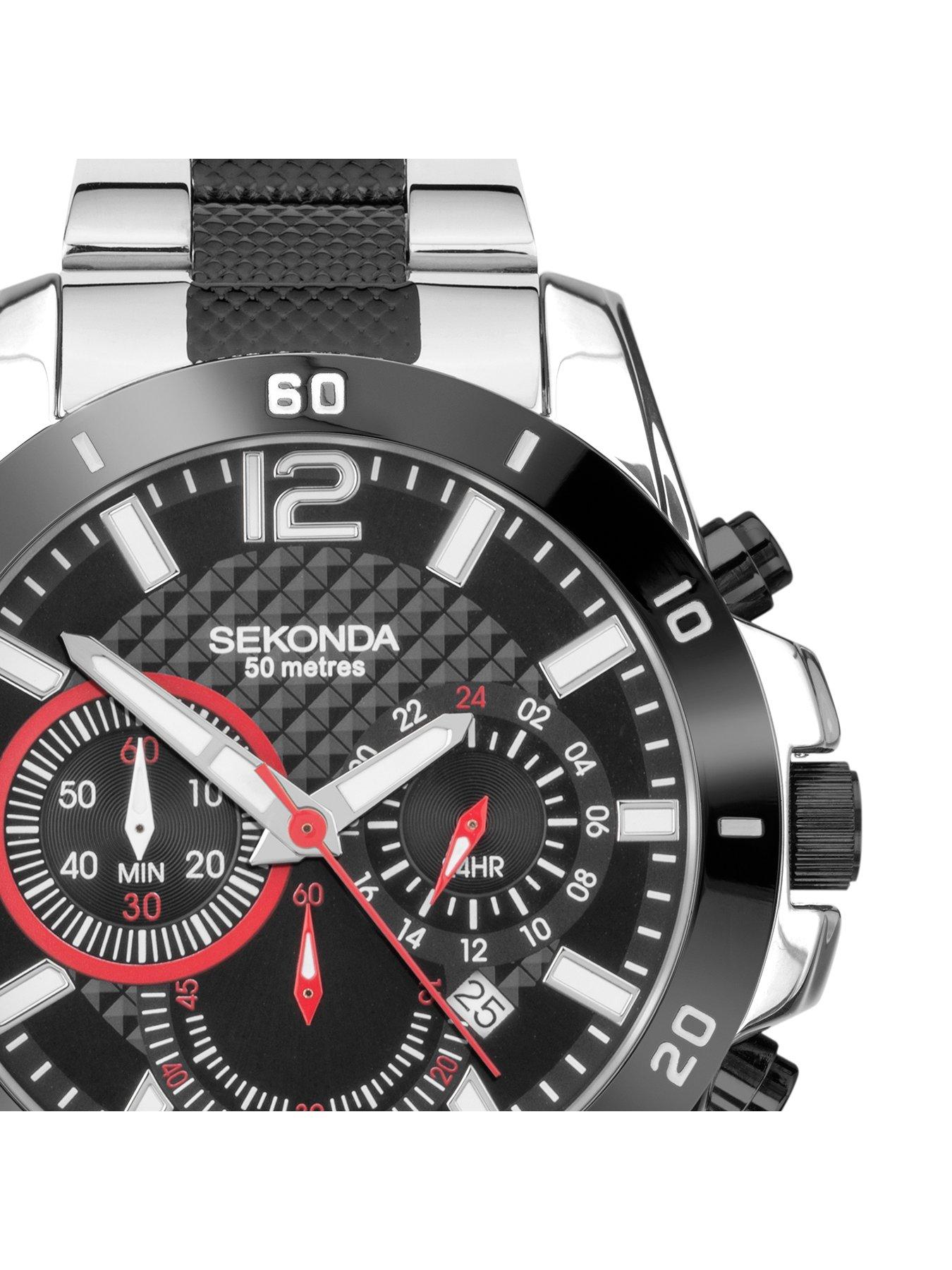  image of sekonda-sport-gift-set-mens-44mm-chronograph-watch-with-black-dial-two-tone-stainless-steel-bracelet-and-black-leather-braided-bracelet