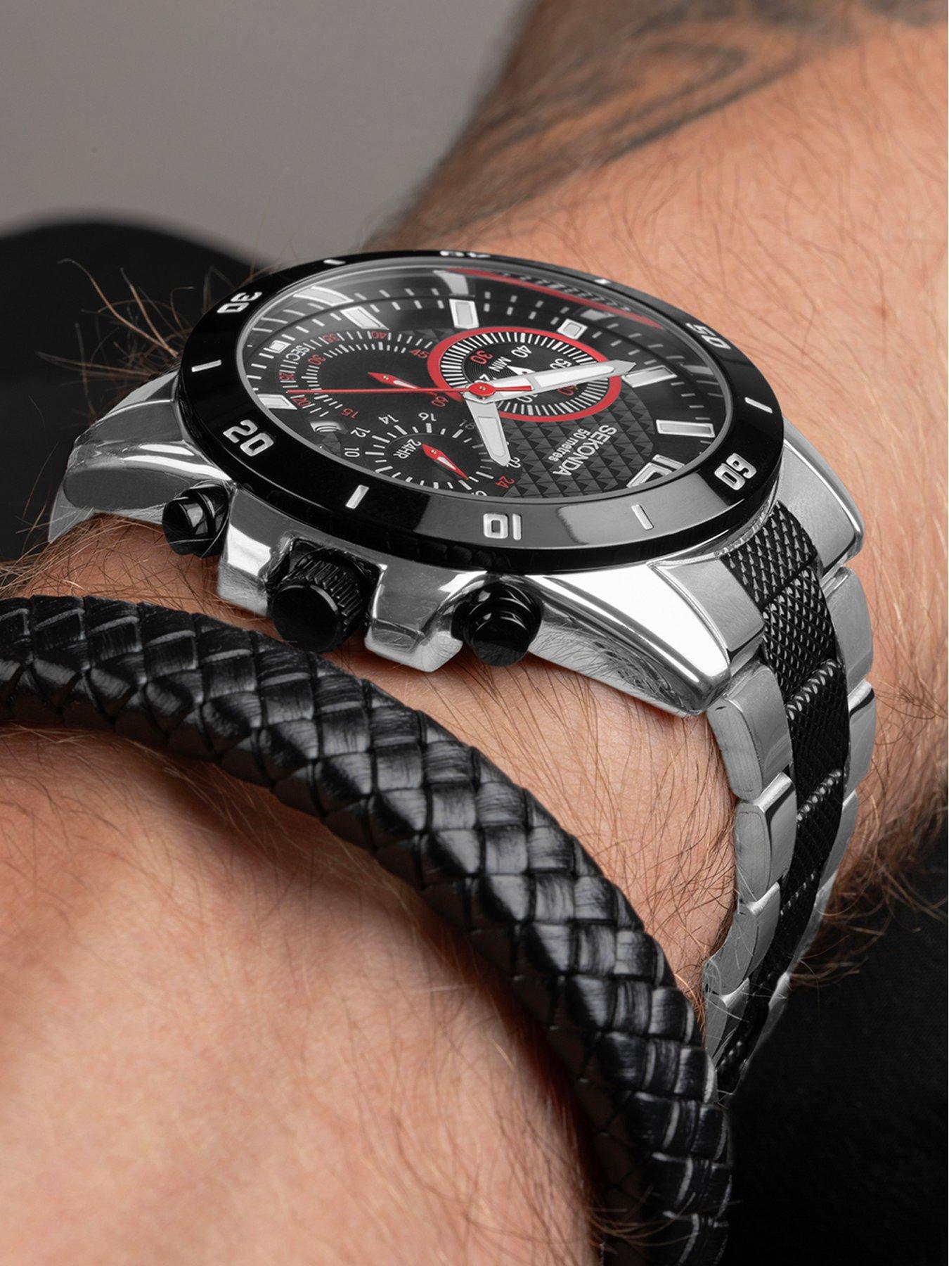  image of sekonda-sport-gift-set-mens-44mm-chronograph-watch-with-black-dial-two-tone-stainless-steel-bracelet-and-black-leather-braided-bracelet