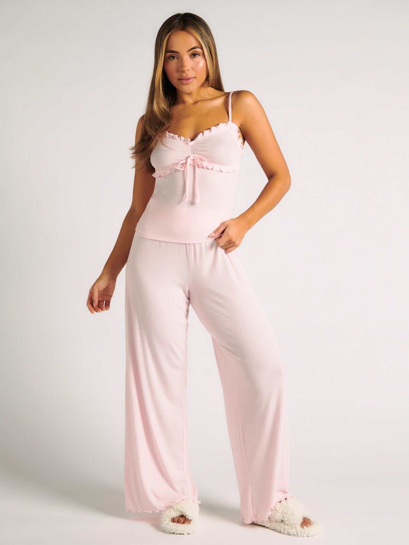 Boux Avenue Ribbed Frill Cami Pant Pyjama Set Pink littlewoods