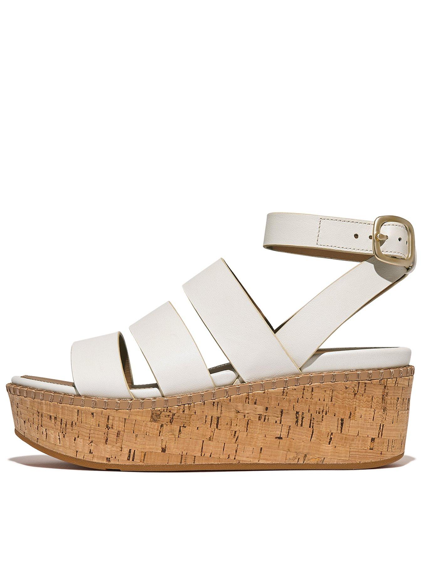Eloise Leather cork Strappy Wedge Sandals Urban White