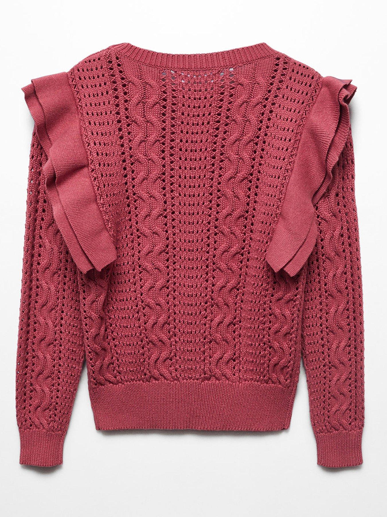  Heart Pattern Drop Shoulder Pointelle Knit Sweater