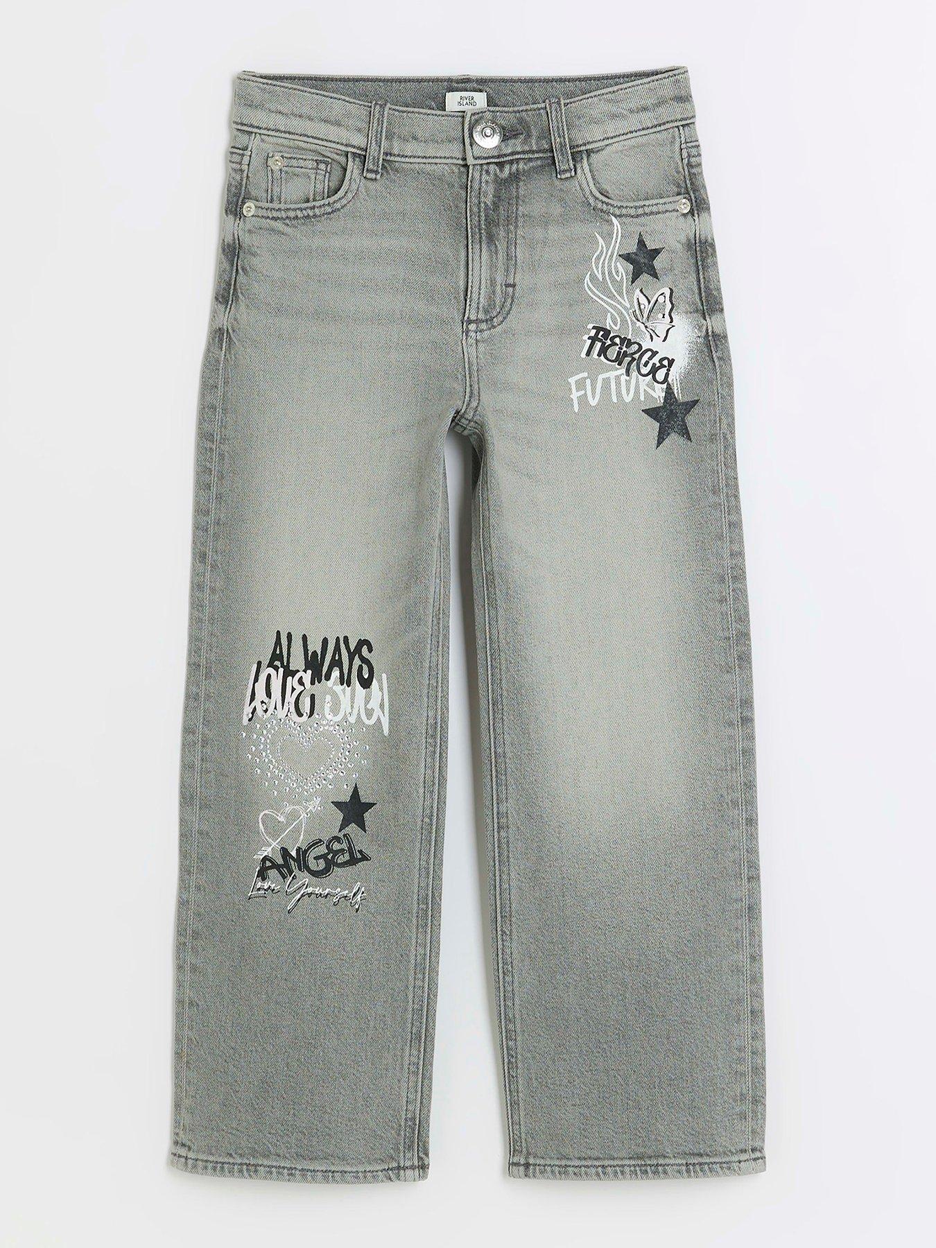 Image 1 of 4 of River Island Girls Straight Graffiti Jeans - Grey