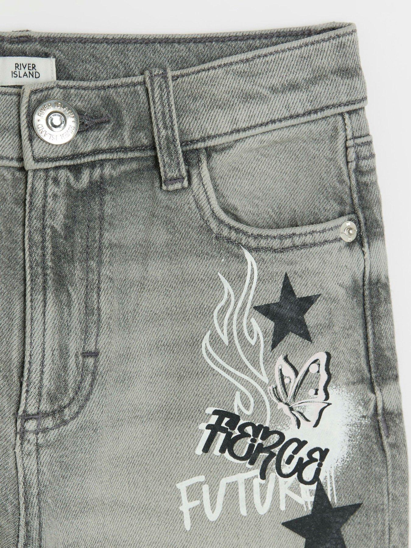 Image 3 of 4 of River Island Girls Straight Graffiti Jeans - Grey