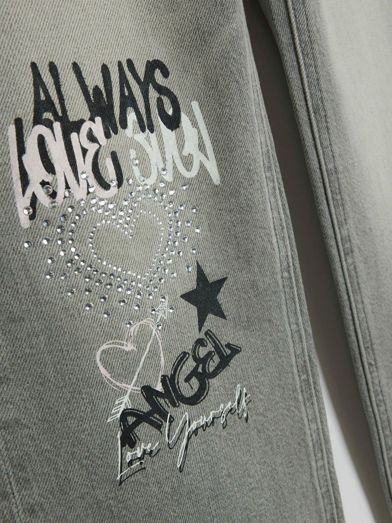 Image 4 of 4 of River Island Girls Straight Graffiti Jeans - Grey