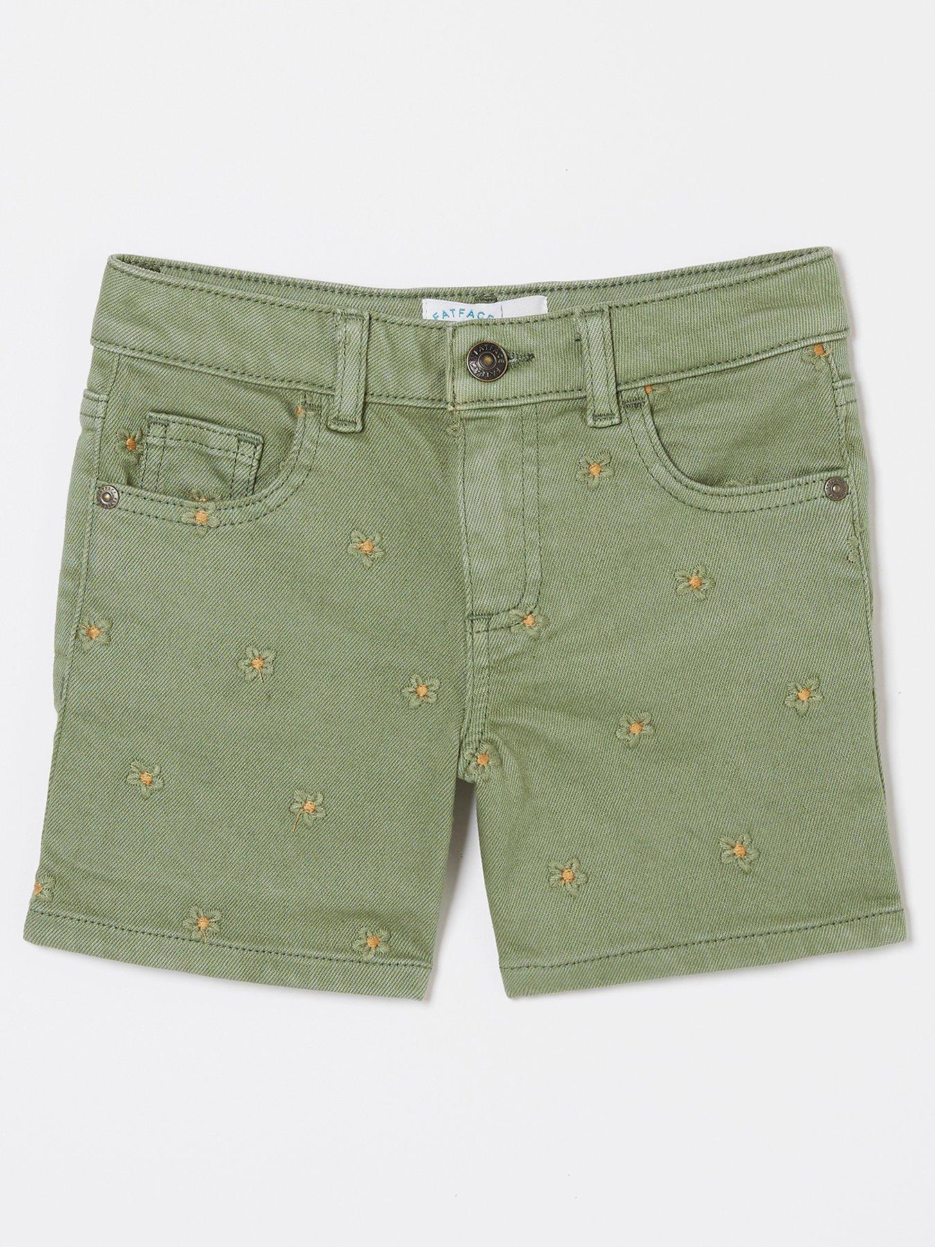 FatFace Girls Daisy Embroidered Denim Shorts Khaki Green