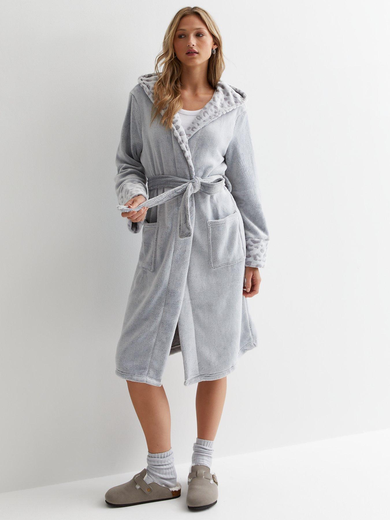 New Look Pale Grey Leopard Print Faux Fur Hooded Dressing Gown