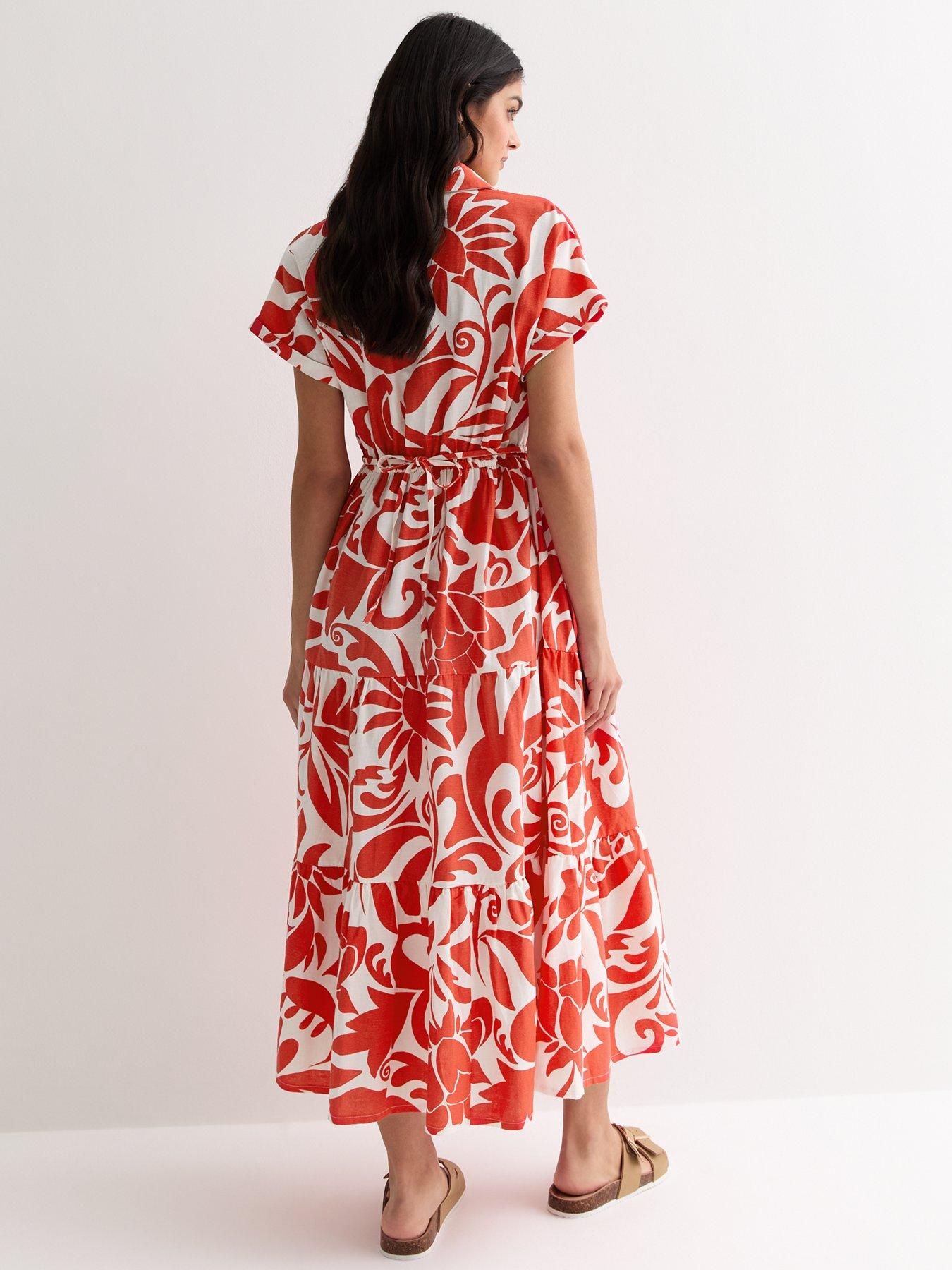 New Look Red Floral Tiered Midi Dress Littlewoods