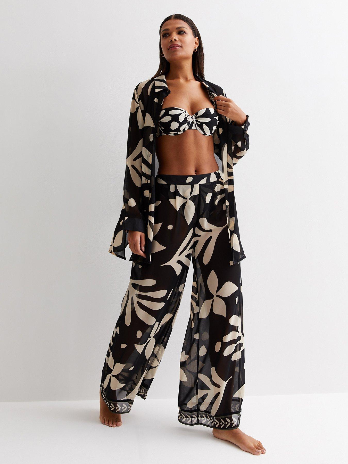 New Look Black Floral Wide Leg Beach Trousers