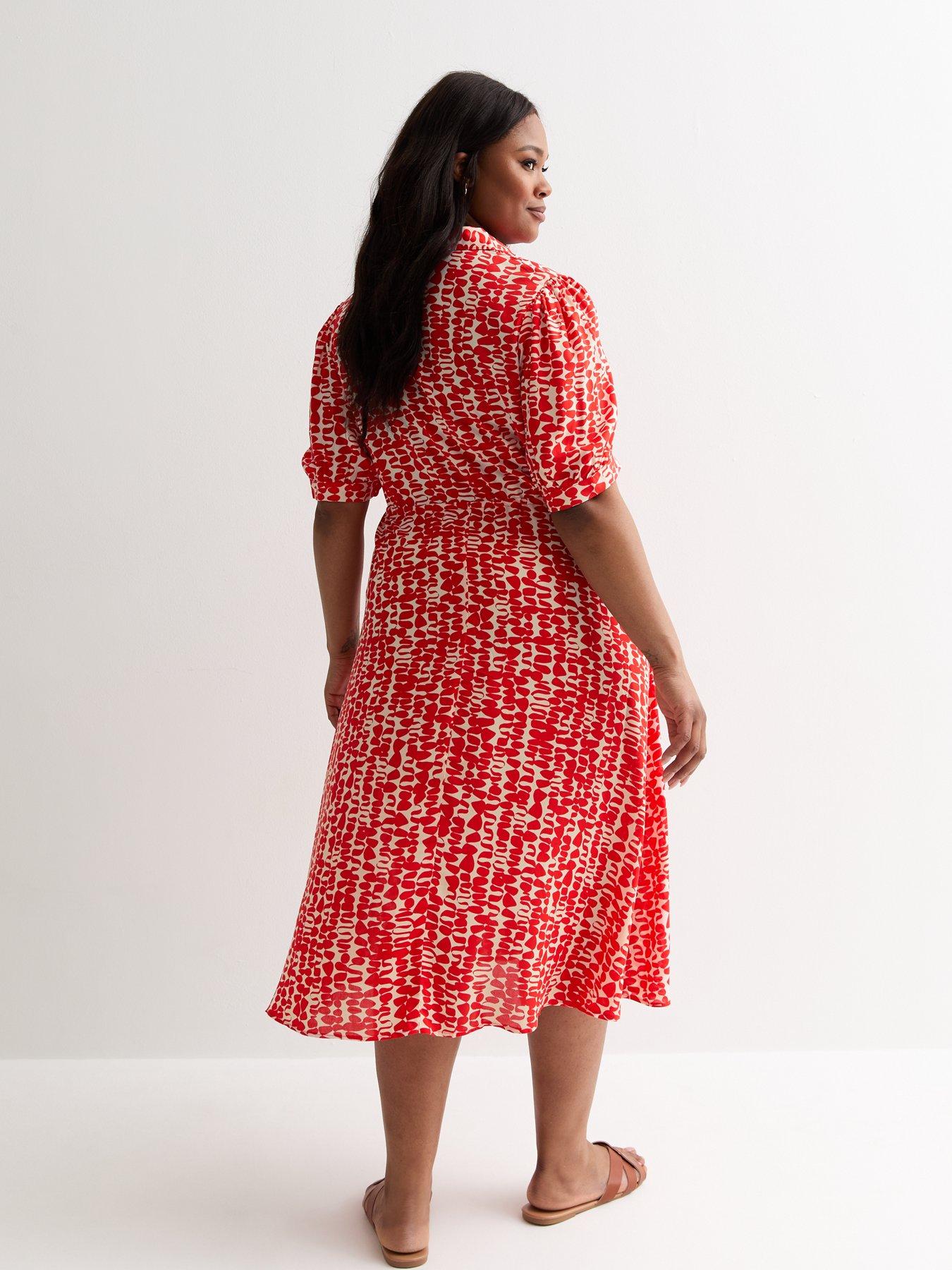 New Look Curves Abstract Pattern Shirt Midi Dress- Red | littlewoods.com