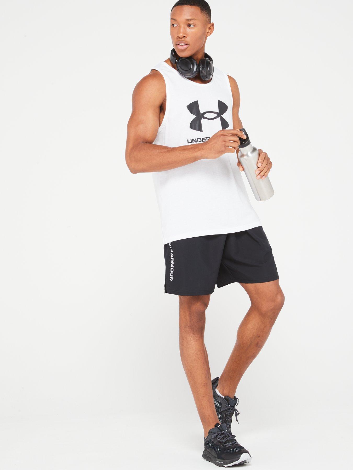  image of under-armour-mens-training-woven-wordmark-shorts-blackwhite
