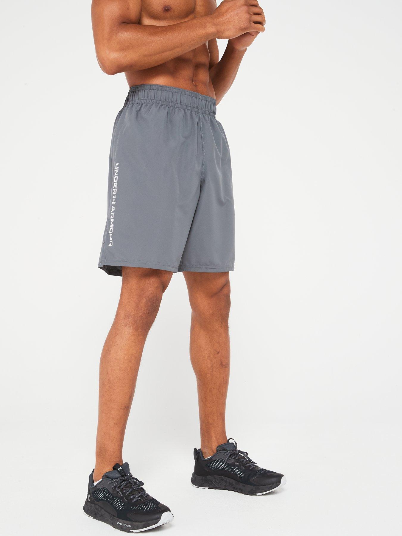  image of under-armour-mens-training-woven-wordmark-shorts-greywhite