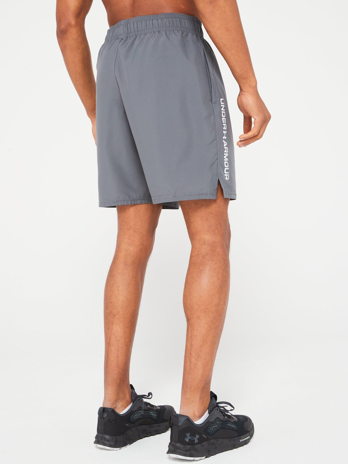  image of under-armour-mens-training-woven-wordmark-shorts-greywhite