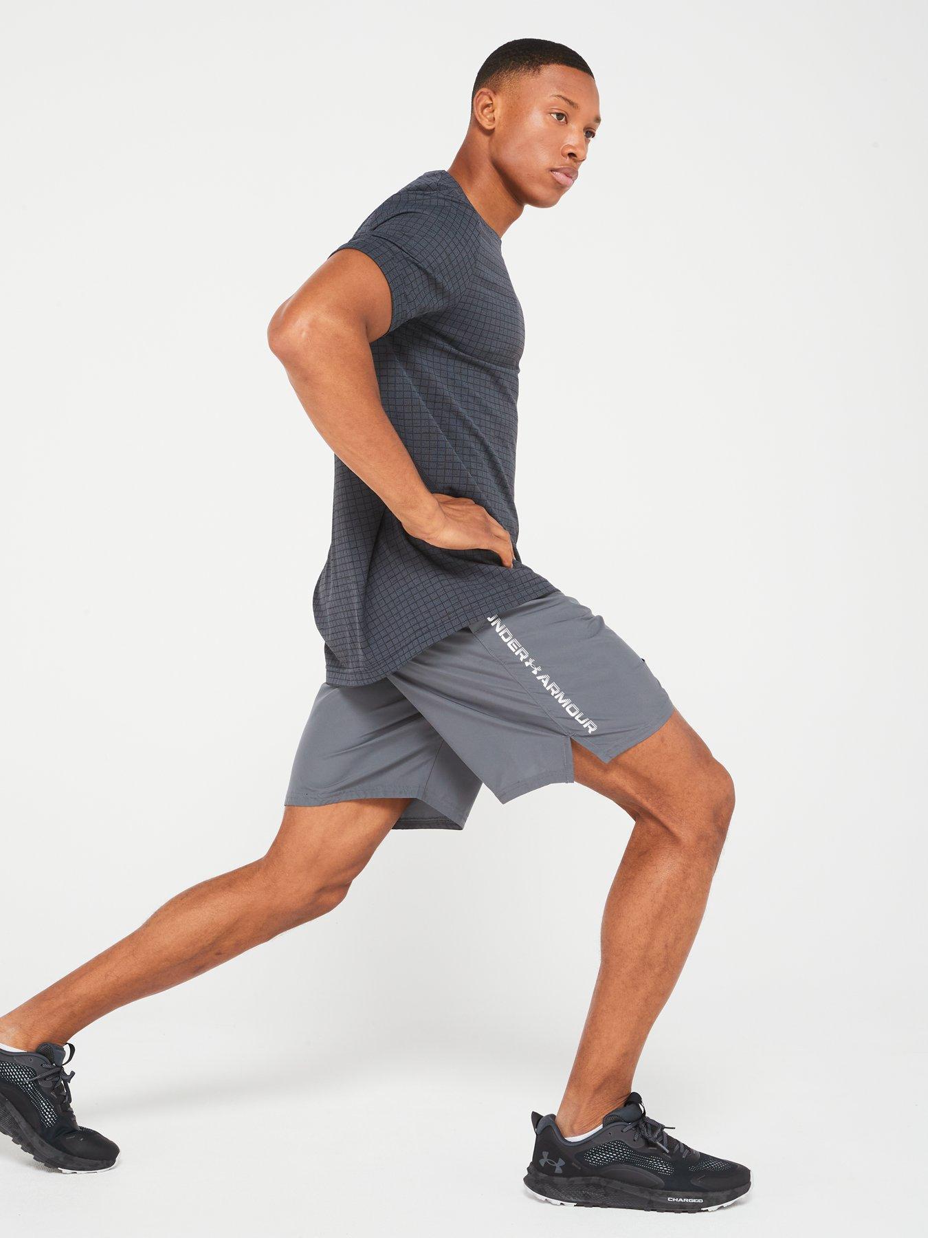  image of under-armour-mens-training-woven-wordmark-shorts-greywhite