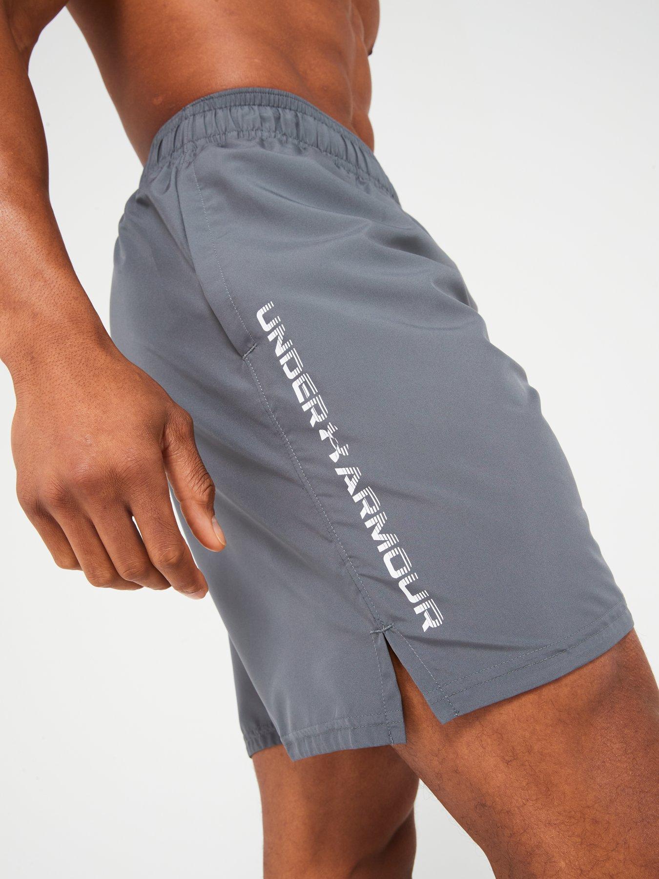  image of under-armour-mens-training-woven-wordmark-shorts-greywhite