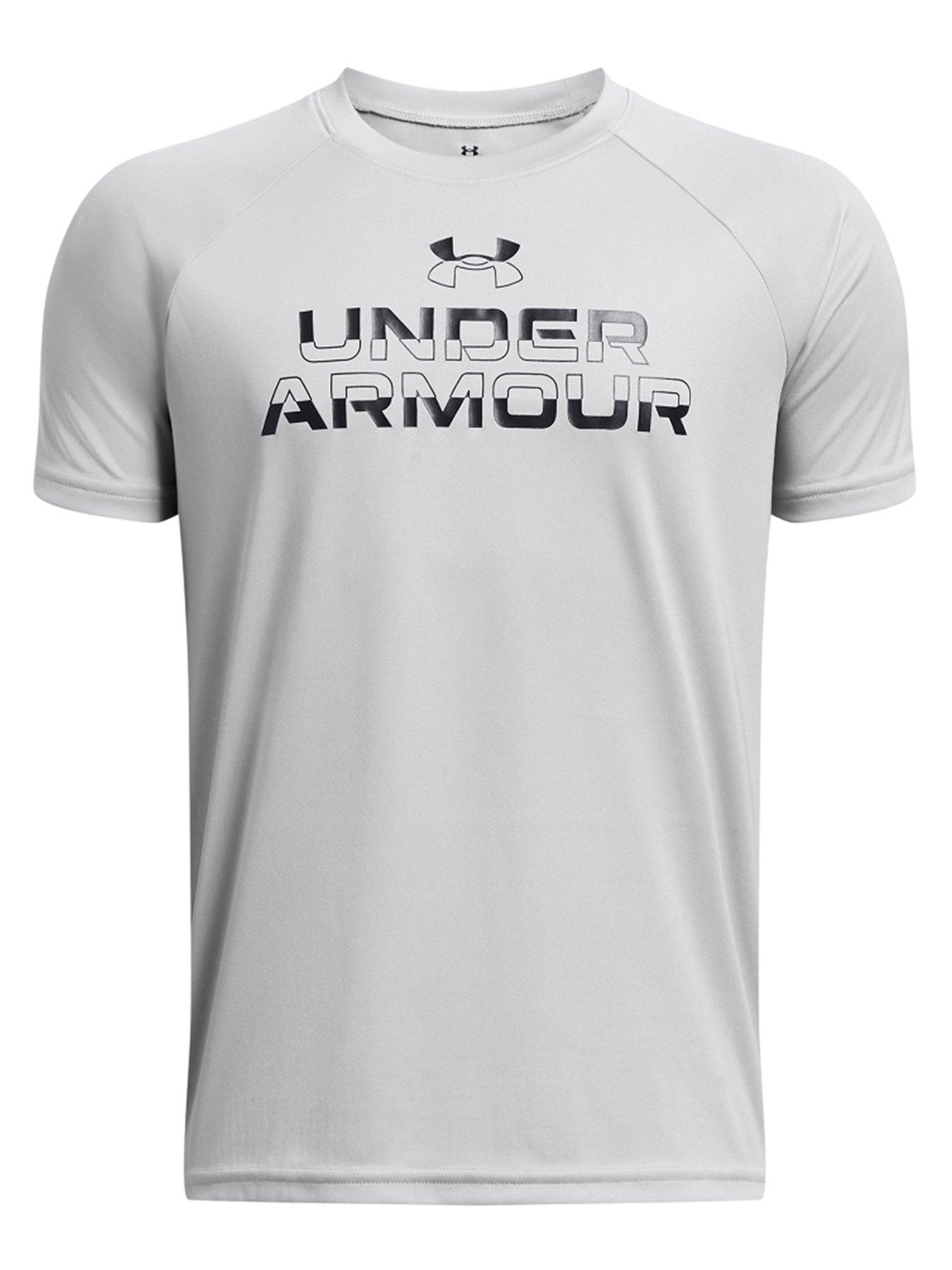  image of under-armour-junior-boys-tech-split-wordmark-t-shirt-greyblack