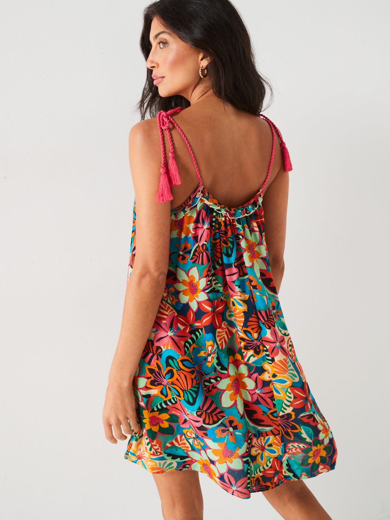 Image 2 of 6 of V by Very Tie Shoulder Mini Beach Dress - Multi