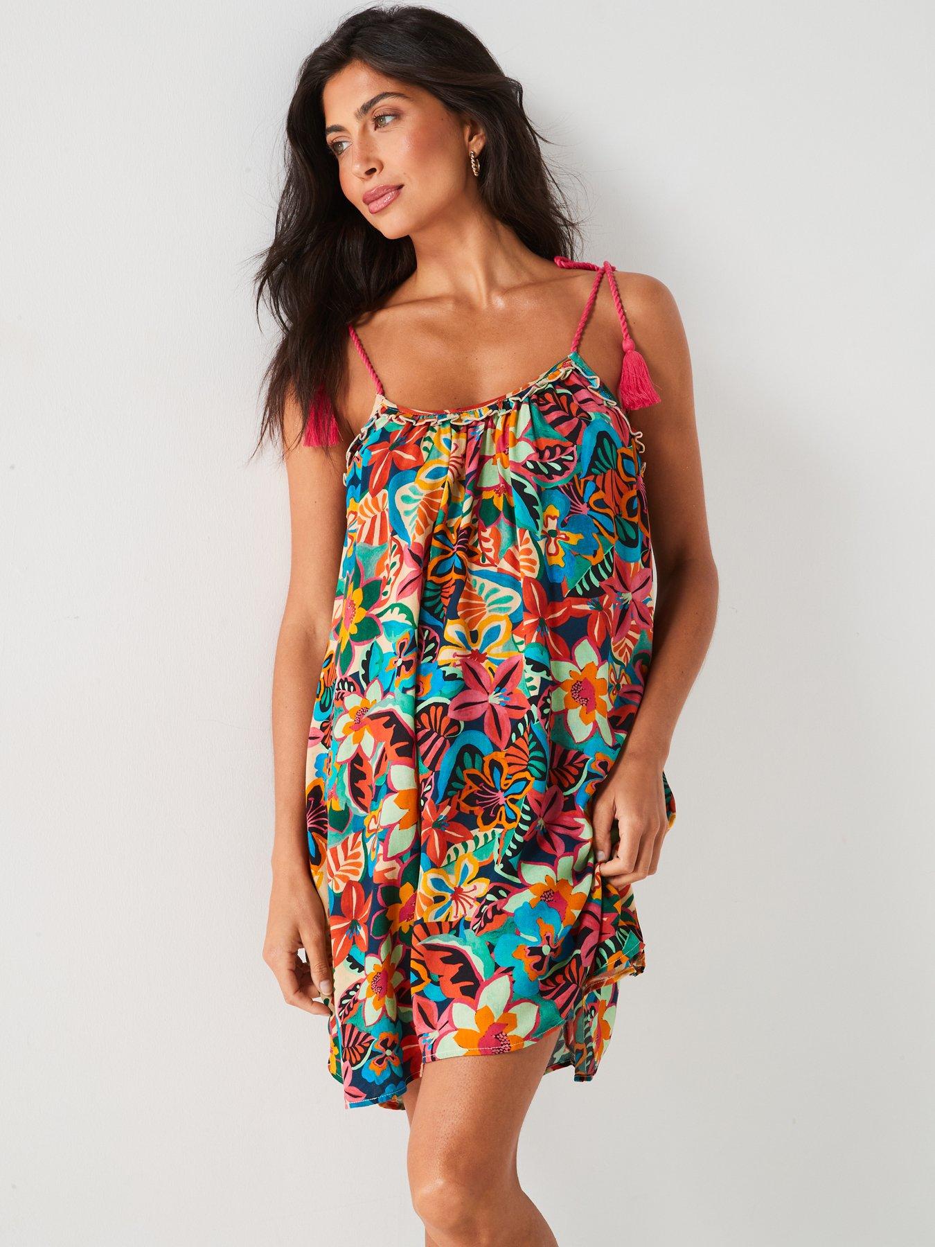 Image 3 of 6 of V by Very Tie Shoulder Mini Beach Dress - Multi