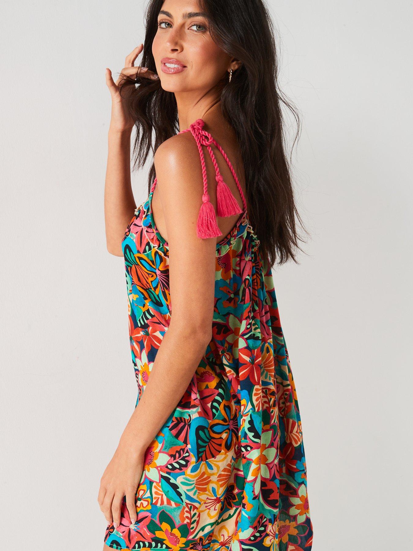  image of v-by-very-tie-shoulder-mini-beach-dress-multi