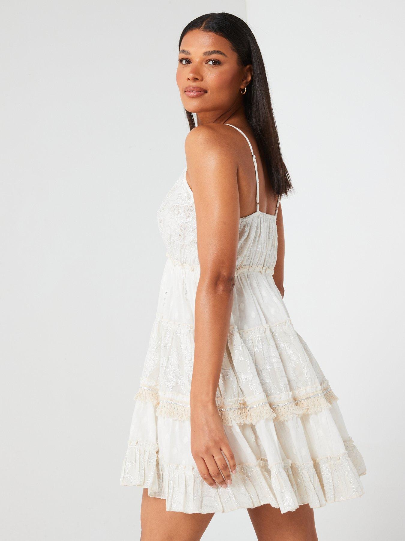 Image 2 of 5 of V by Very Sequin Tiered Strappy Mini Beach Dress - White
