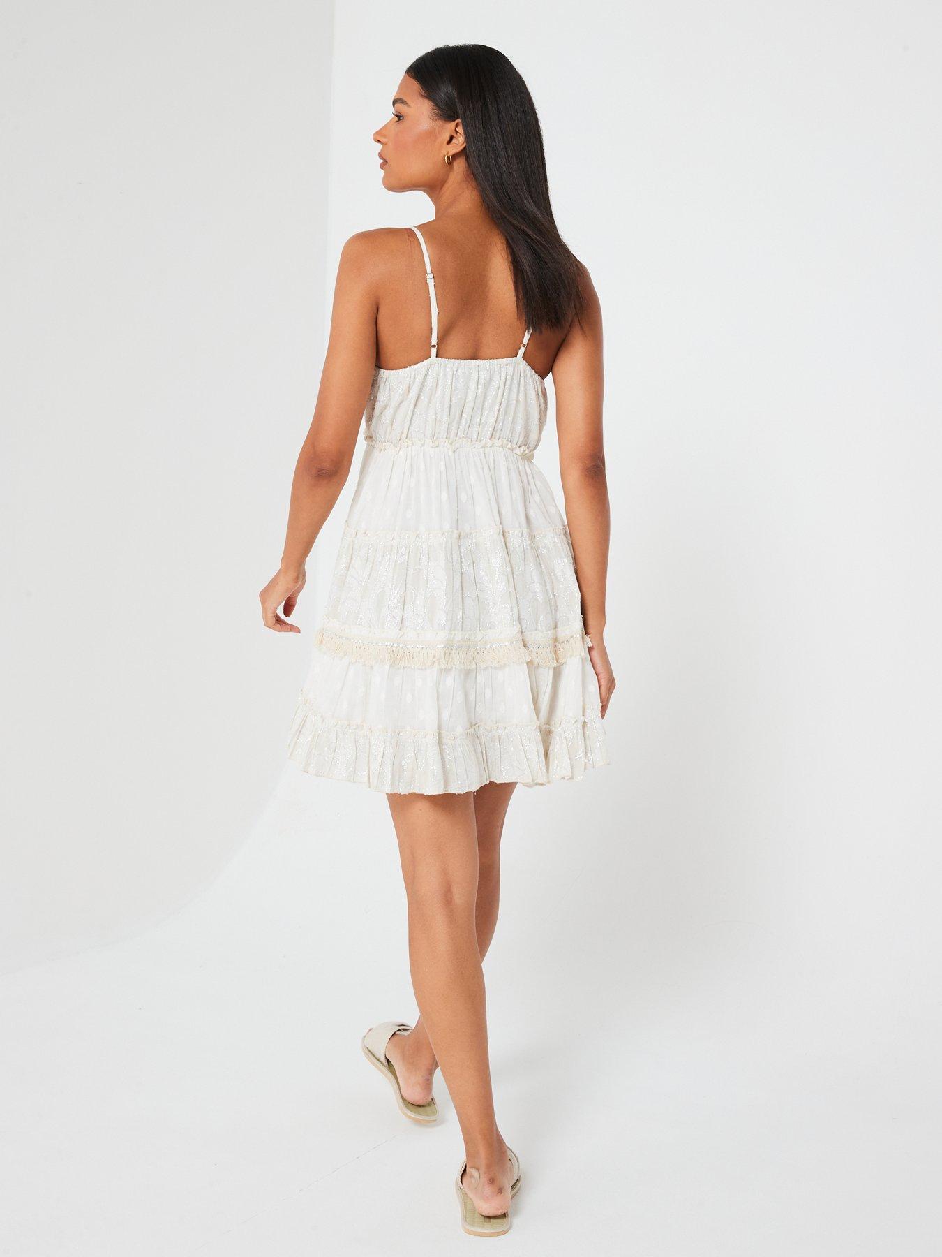 Image 4 of 5 of V by Very Sequin Tiered Strappy Mini Beach Dress - White