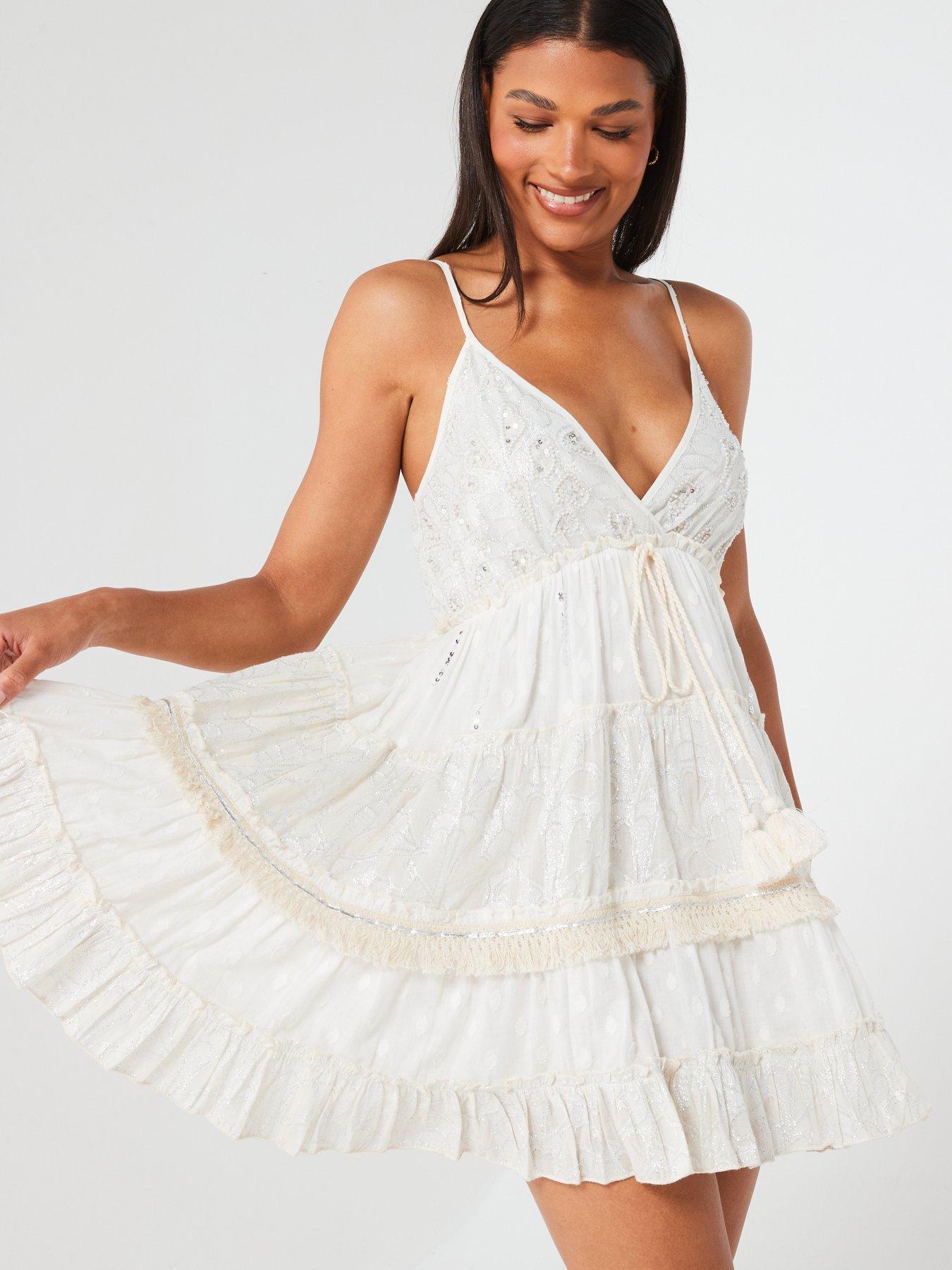 Image 5 of 5 of V by Very Sequin Tiered Strappy Mini Beach Dress - White