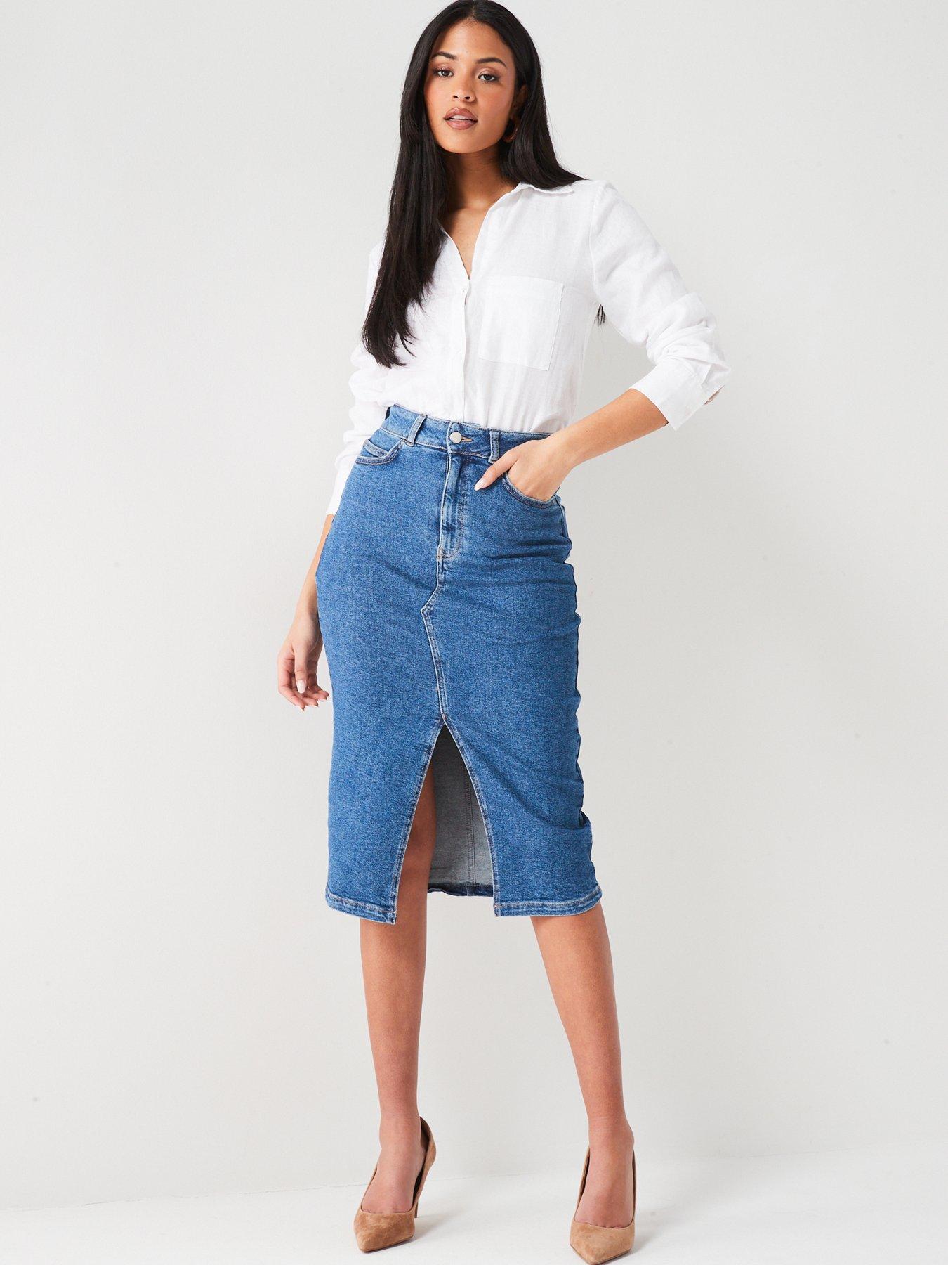 V by Very Split Front Denim Midi Skirt littlewoods