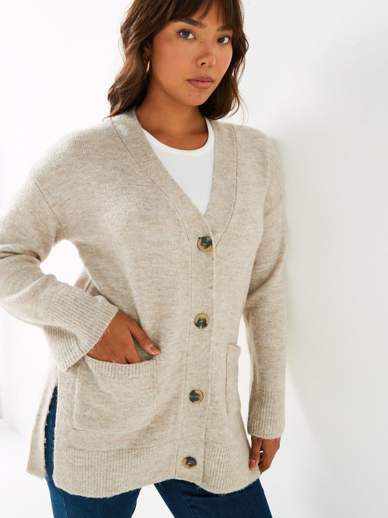 V by Very Curve Button Through Split Hem Cardigan Beige littlewoods