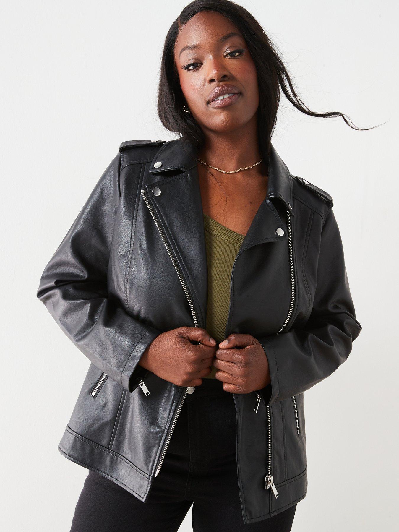 V by Very Curve Longline Faux Leather Biker Jacket - Black
