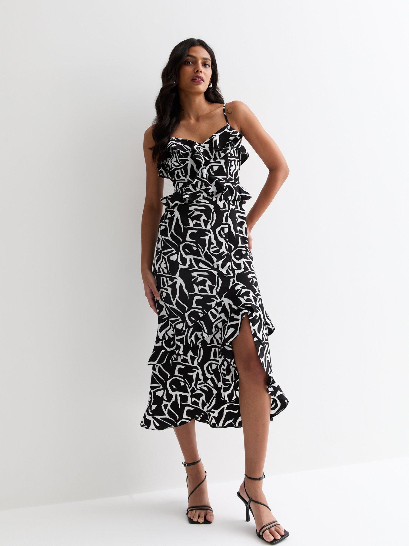 undefined Black Abstract Print Strappy Ruffle Midi Dress