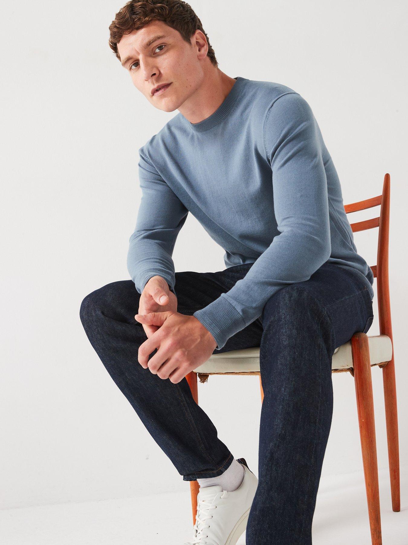  image of everyday-cotton-rich-crew-neck-knitted-jumper-mid-blue