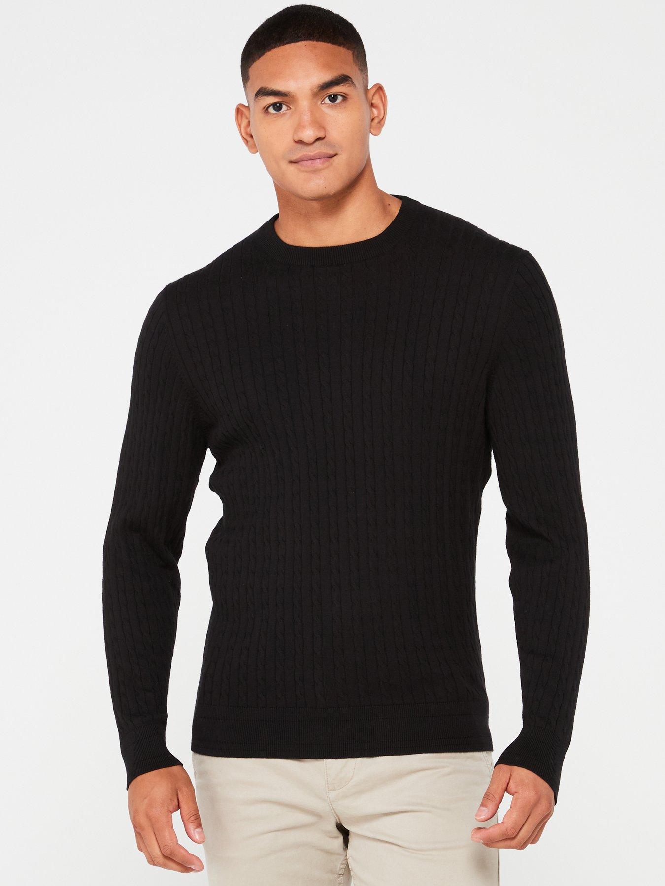 front image of everyday-cotton-rich-fine-gauge-cable-crew-jumper-black