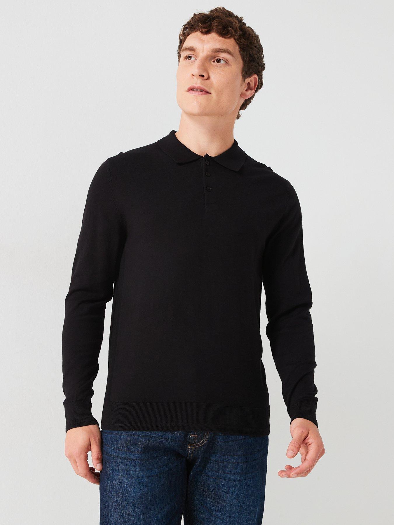  image of everyday-cotton-rich-long-sleeve-knitted-polo-black