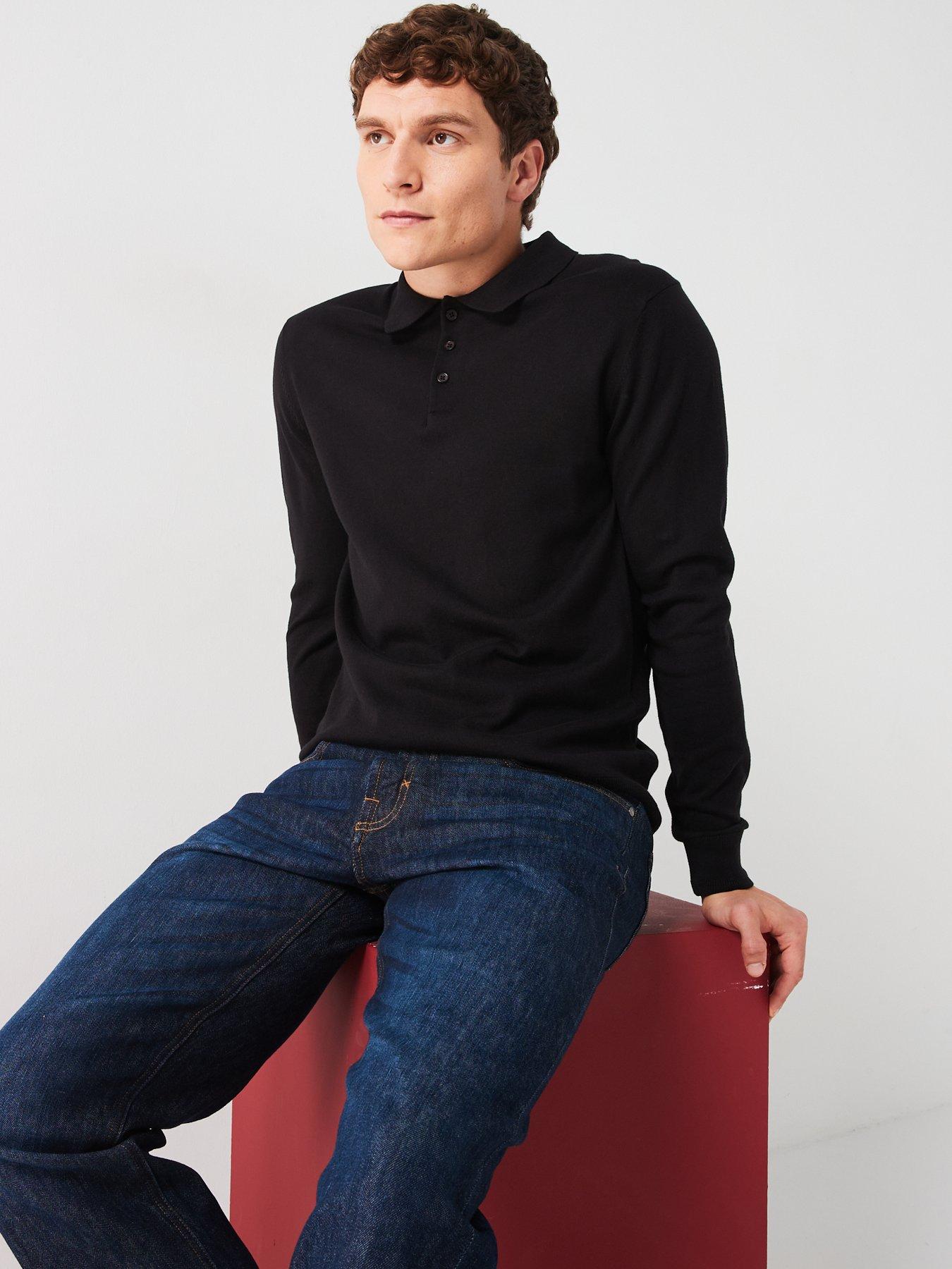  image of everyday-cotton-rich-long-sleeve-knitted-polo-black